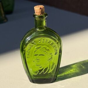 Vintage Collectible Thomas Jefferson Green Mini Glass Bottle with cork , 3”